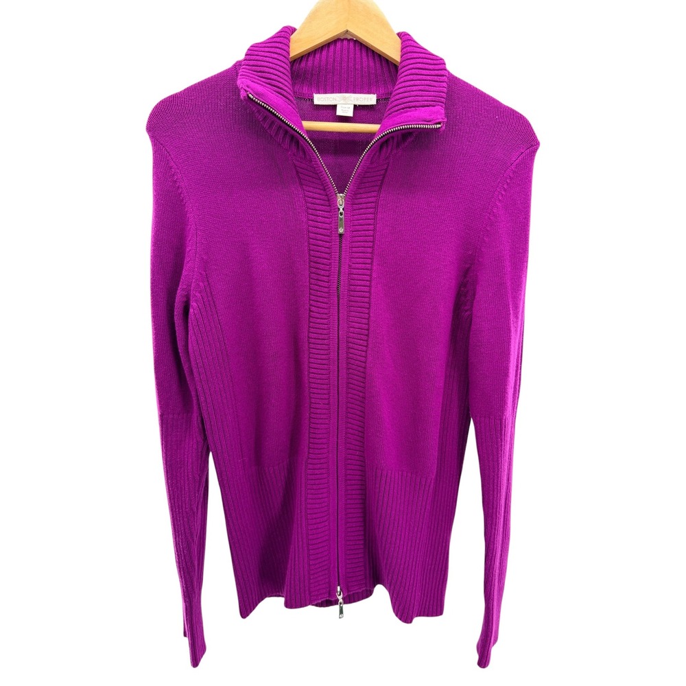 Boston Proper Purple Mock Neck Full Zip Knit Cardigan Sweater M Silk Blend Jewel
